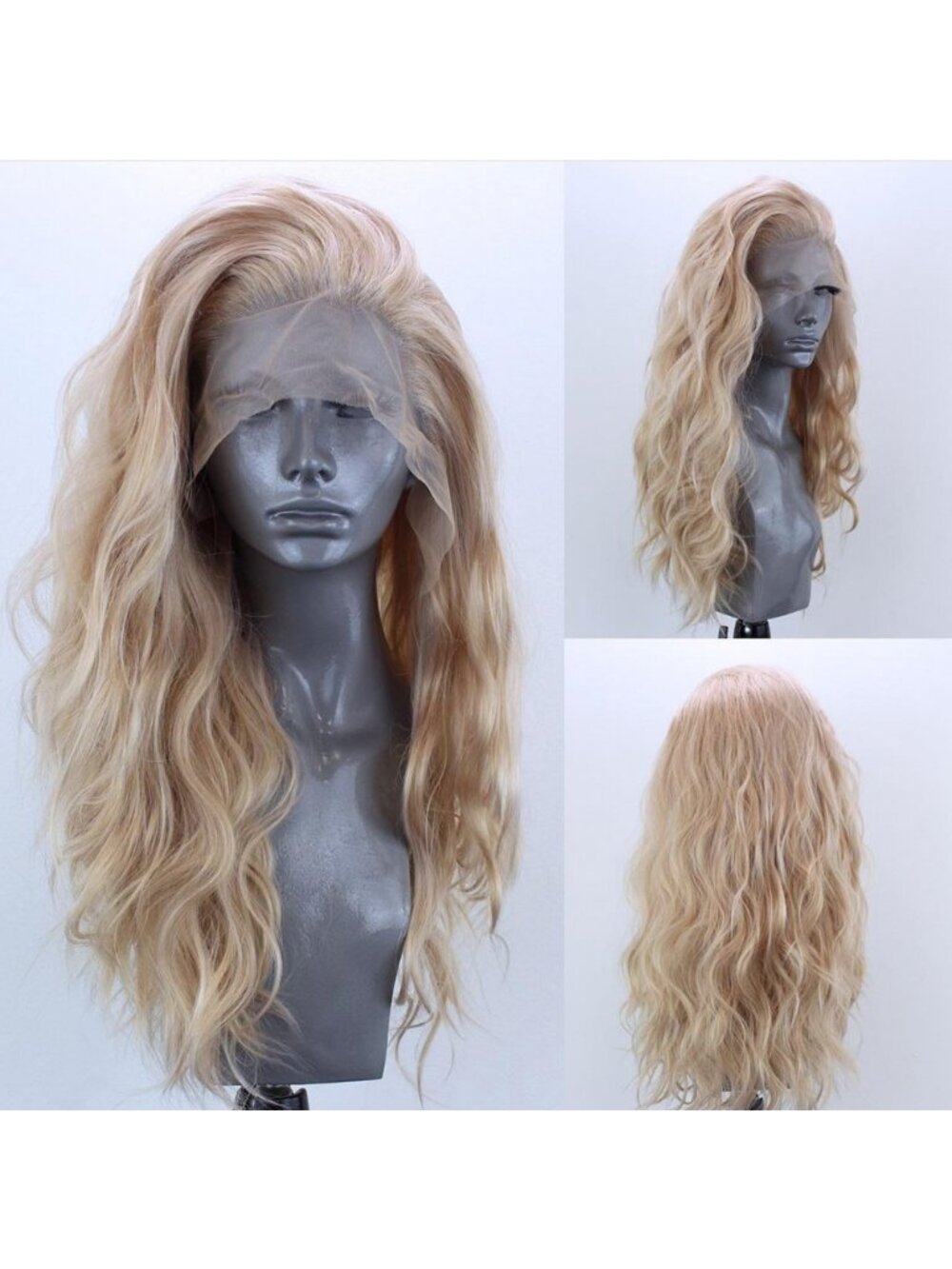 Long Wavy Blonde Mix Lace Front Heat Resistant Fiber Wigs Women Soft Natural